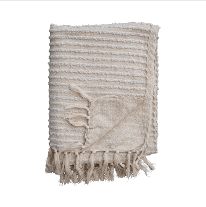 Cotton & Acrylic Throw w/ Fringe, Stripes & Gold Thread, Beige & White