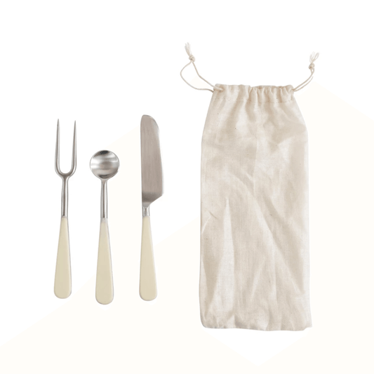 Stainless Steel and Resin Appetizer Utensils, Set of 3 in Drawstring Bag
