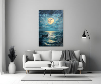 Boat in the Full Moon Glass Wall Art || Designer Collection