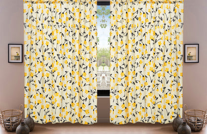DaDa Bedding Set of 2 Botanical Floral Window Curtain Panels - Natural Semi Sheer Yellow Fleur Golden Orange Spring Time Tulips Straight Tailored Edge
