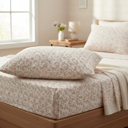 DaDa Bedding Collection Romantic Coquette Sheet Set - 100% Cotton [ Poplin Cotton ] Floral Fitted & Flat Sheets with Pillowcases - Deep Pocket Design - Soft, Breathable, Wrinkle-Resistant