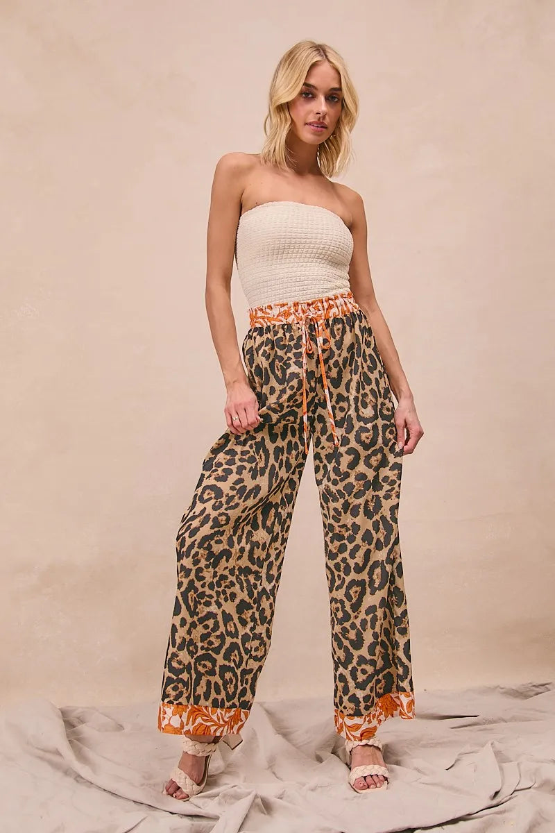 BiBi Leopard Print With Contrast Banded Wide Pants
