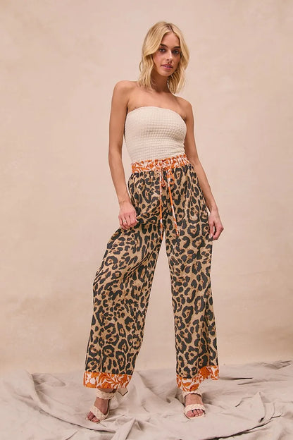 BiBi Leopard Print With Contrast Banded Wide Pants