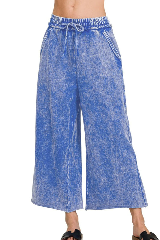 Zenana Washed French Terry Palazzo With Pockets in Blue