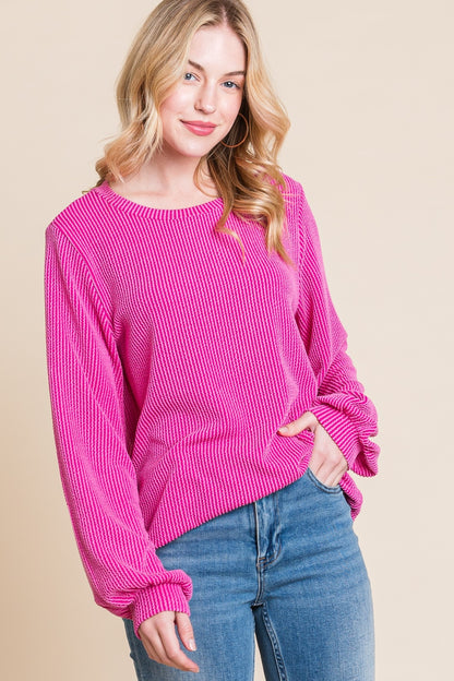 BOMBOM Long Sleeve Curved Hem Ribbed T-Shirt