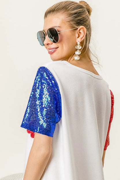 BiBi Metallic Letter V-neck Sequin Sleeves Top in Cream