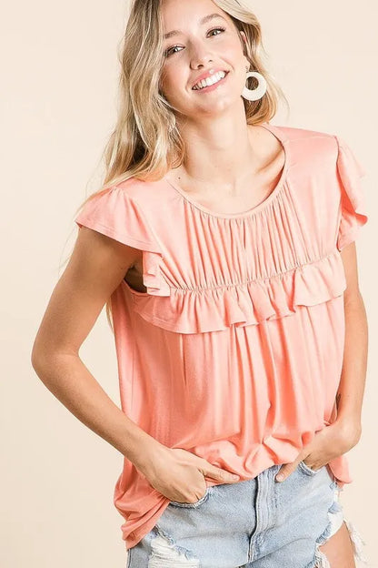 BiBi Jersey Knit Gathered Top with Ruffles in Coral