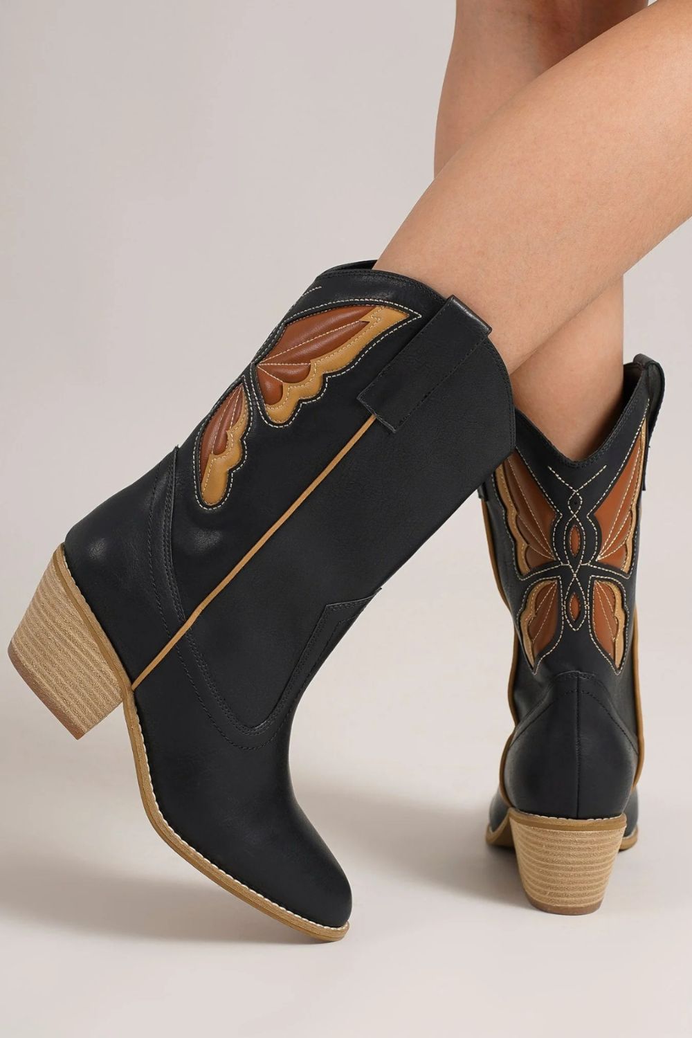 Beast Fashion Butterfly Cut Detail Point Toe Western Cowgirl Boots