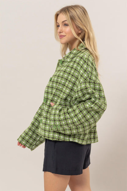 Green Tweed Plaid Button Up Collared Neck Jacket