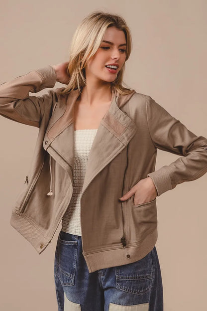BiBi Textured Woven Rider Jacket in Latte