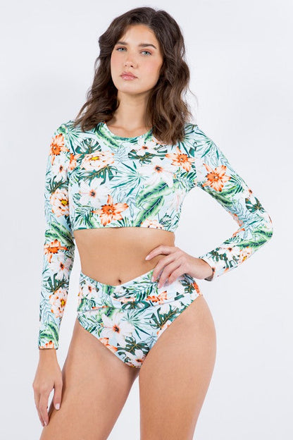 Two Piece Floral Prints with Long Sleeve Bikini