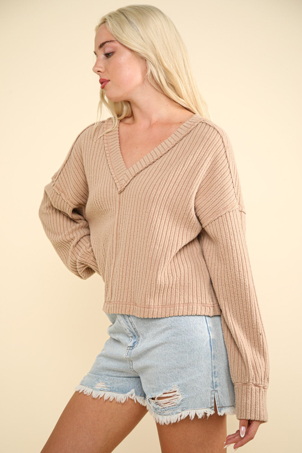 VERY J Exposed Seam V-Neck Ribbed Knit Top