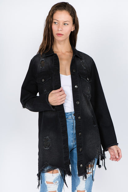 American Bazi Distressed Frayed Hem Denim Jacket