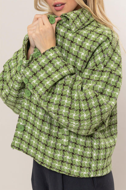 Green Tweed Plaid Button Up Collared Neck Jacket