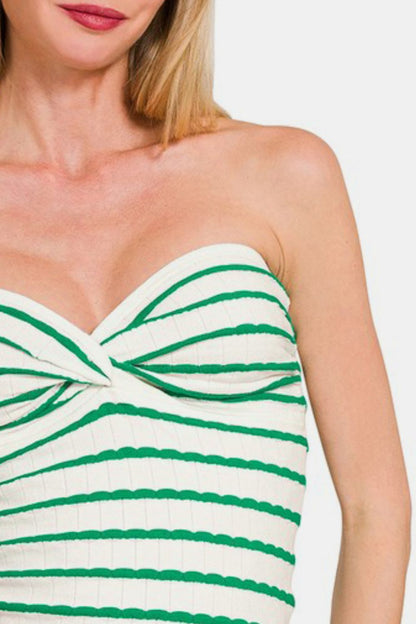 Zenana Twisted Sweetheart Neck Striped Tube Top in Green
