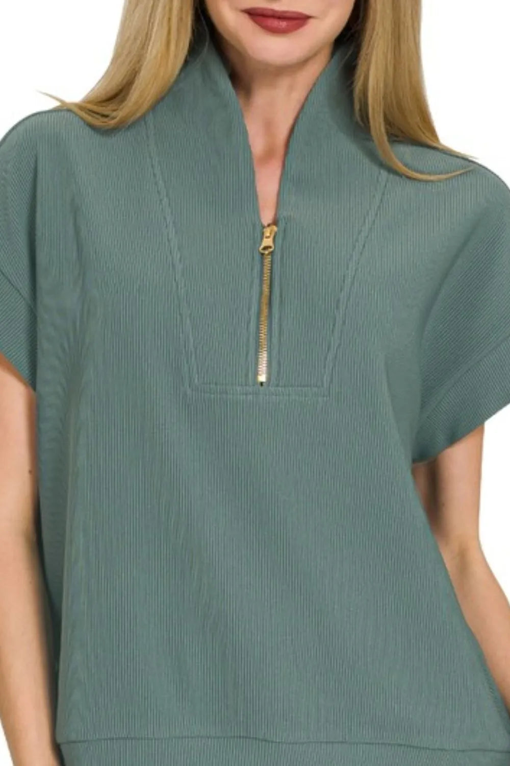 Zenana Ribbed High Neck Half Zip Top in Jade