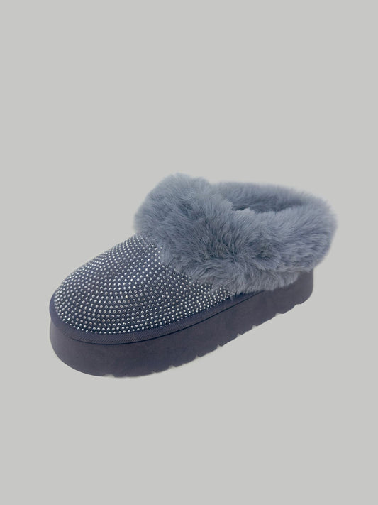 WILD DIVA Embellished Faux Fur Platform Booties in Grey