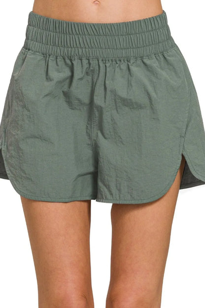 Zenana Windbreaker Smocked Waistband Running Shorts in Jade