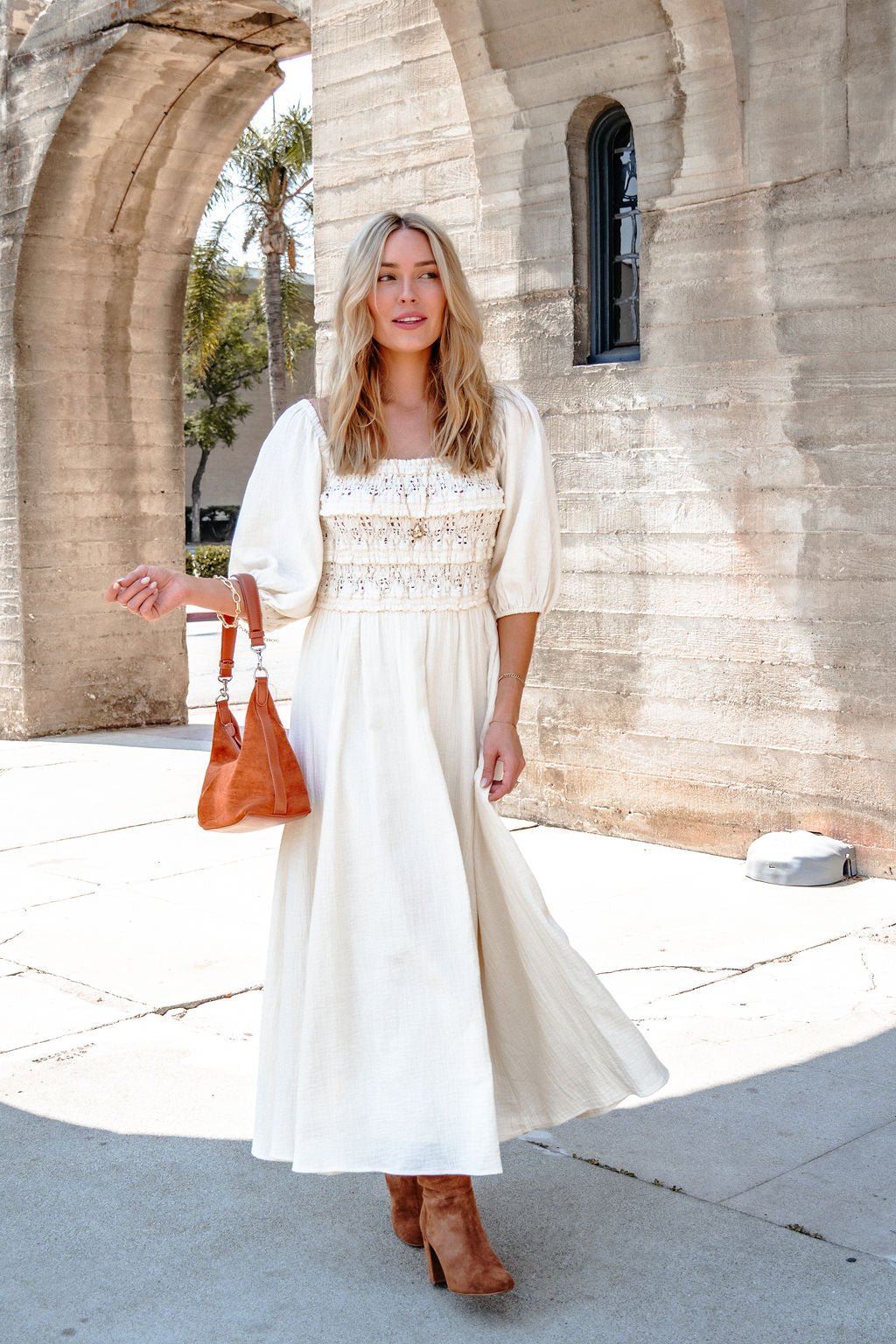 Angelica Natural Ruched Midi Dress