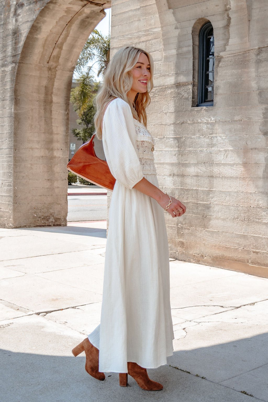 Angelica Natural Ruched Midi Dress