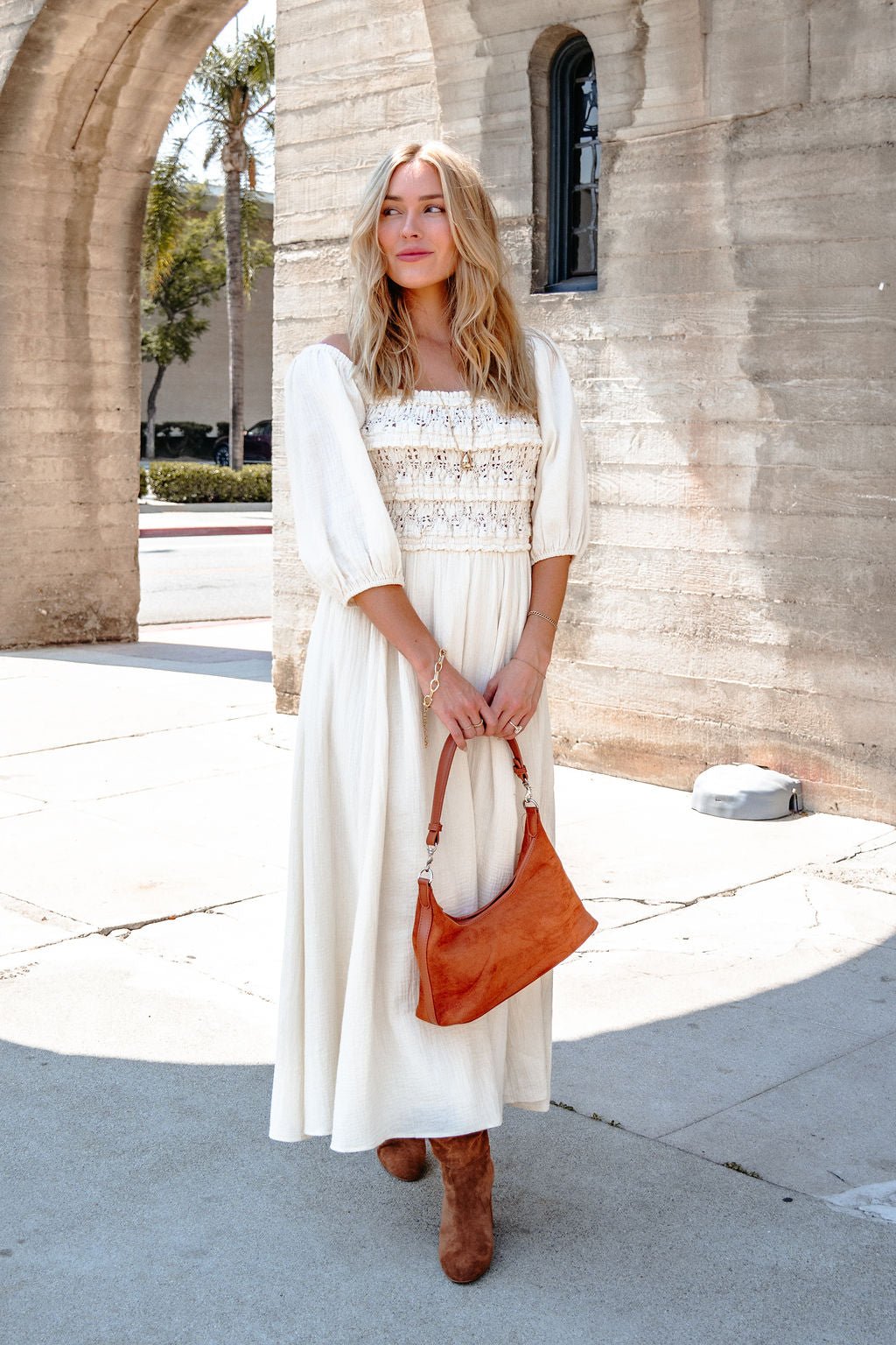 Angelica Natural Ruched Midi Dress