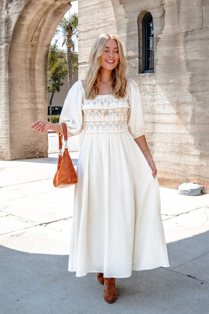 Angelica Natural Ruched Midi Dress