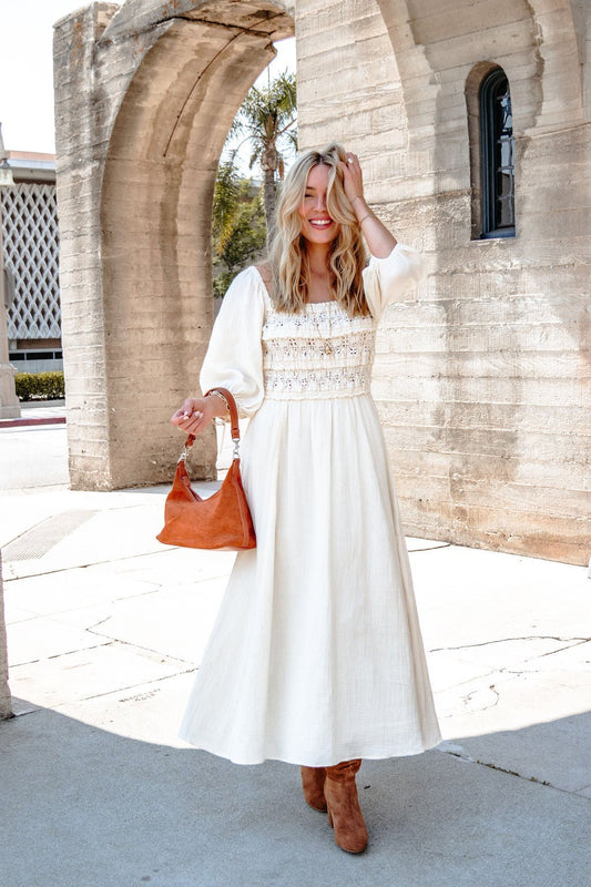 Angelica Natural Ruched Midi Dress