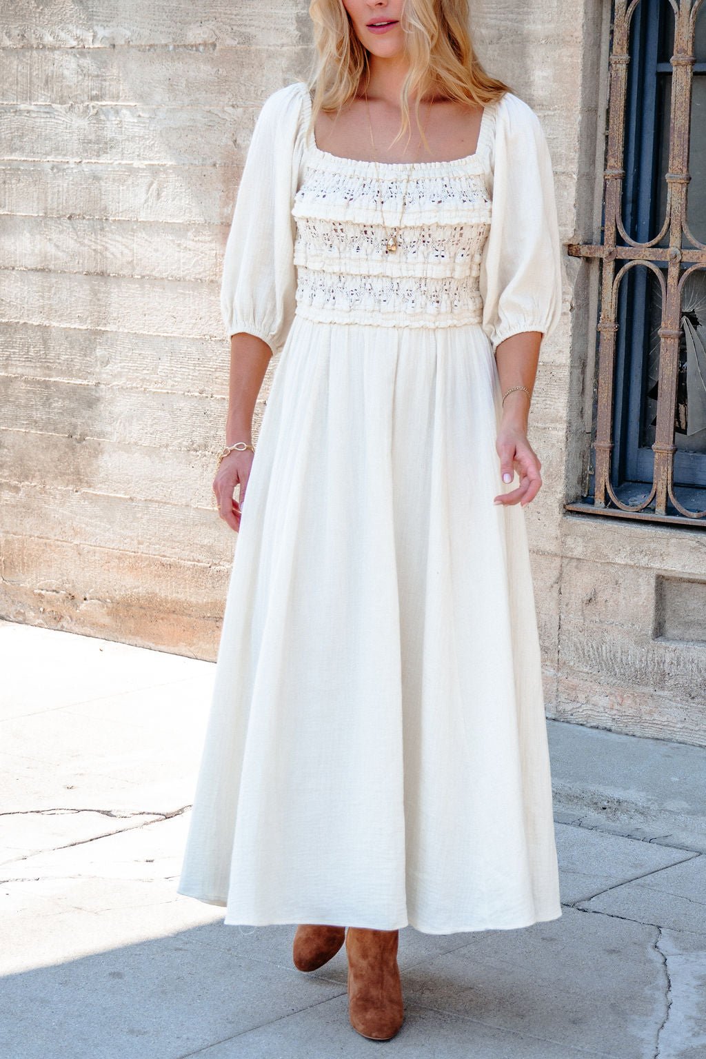 Angelica Natural Ruched Midi Dress
