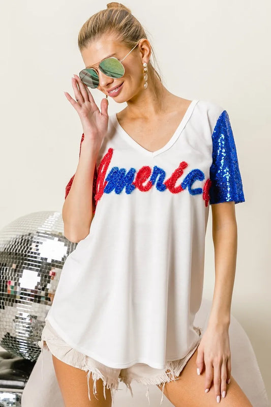 BiBi Metallic Letter V-neck Sequin Sleeves Top in Cream