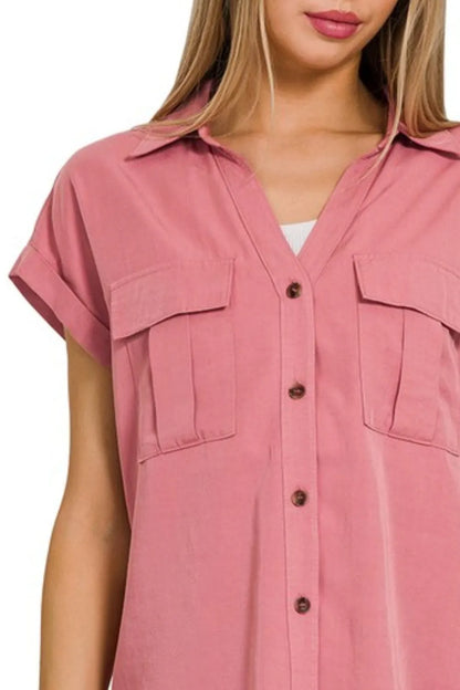 Zenana Tencel V-neck Collared Top W Front Flap Pockets in Rose
