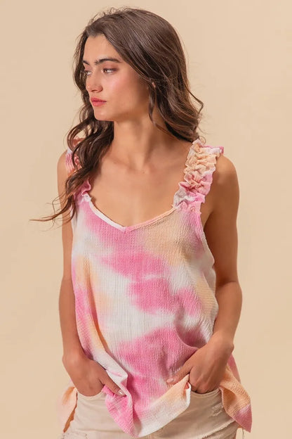 BiBi Tie Dye Printed Textured Woven Top with Ruffled Sleeve