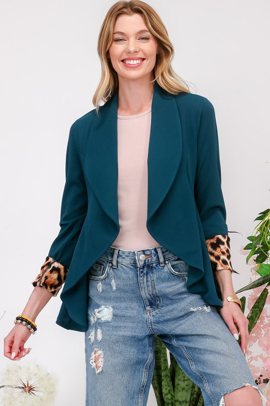 Celeste Full Size Rolled Leopard Cuff Open Front Blazer