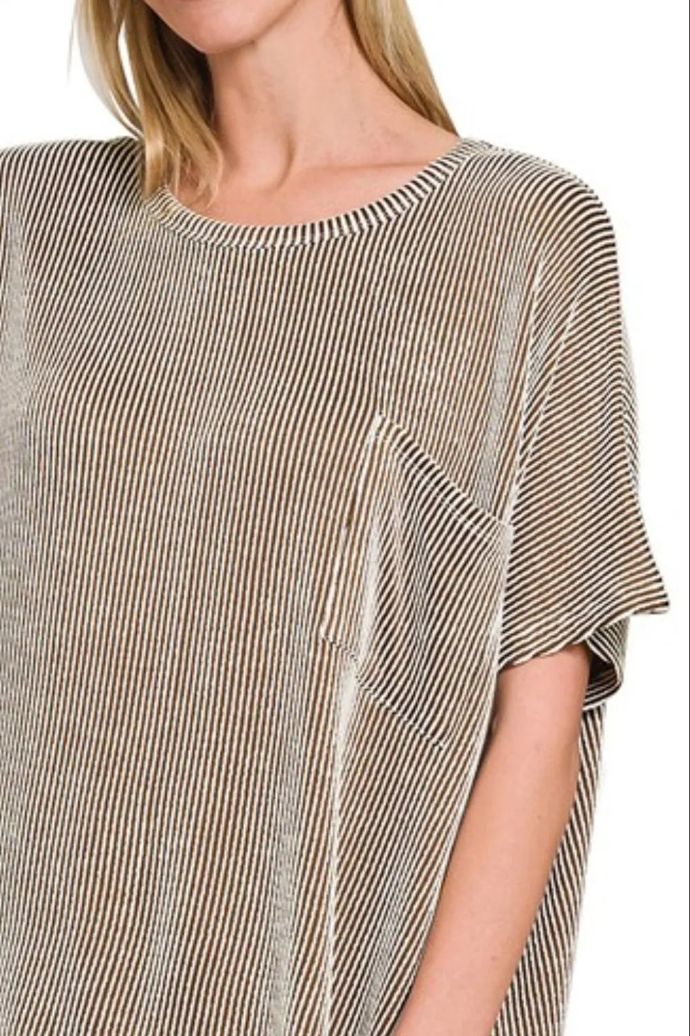 Zenana Corded Rib Oversized Short Sleeve Top in Brown