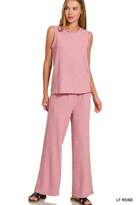 Zenana Cotton Slub Tank and Pants Set in Rose