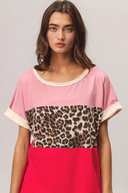 BiBi Leopard Printed Jersey  Color Block Roll Up in Pink