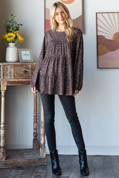 Heimish Leopard  Long Sleeve Tiered Blouse