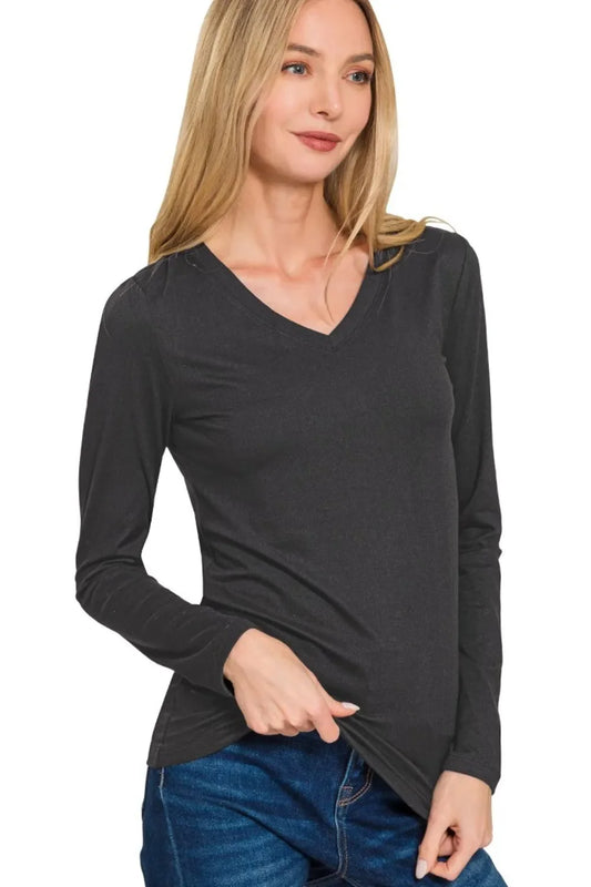 Zenana Brushed Microfiber Long Sleeve V-neck Tee in Black