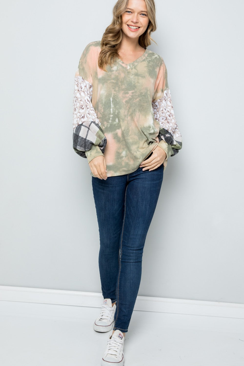 Celeste Full Size Tie-Dye V-Neck Printed Sleeve Blouse