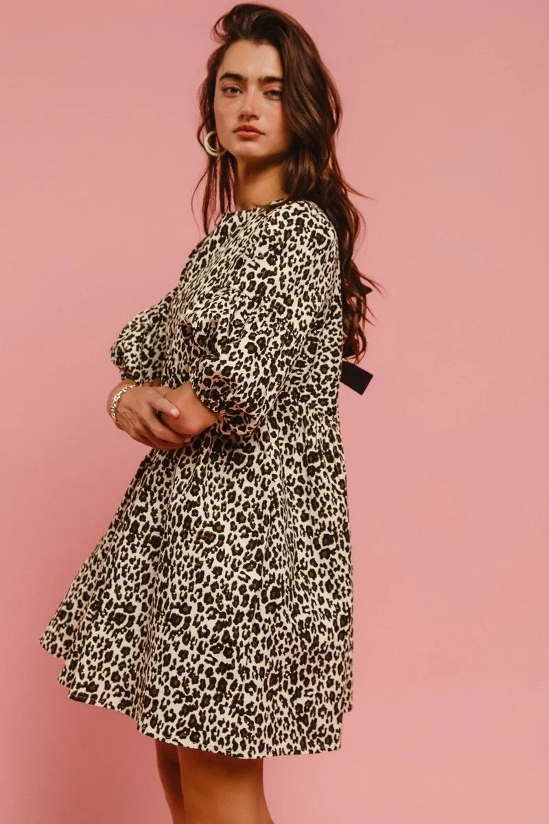 BiBi Leopard Denim Dress With Back Contrast Tie Detail