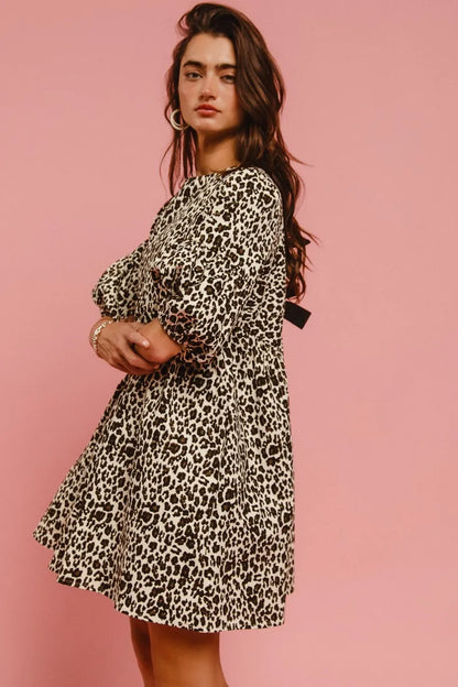 BiBi Leopard Denim Dress With Back Contrast Tie Detail