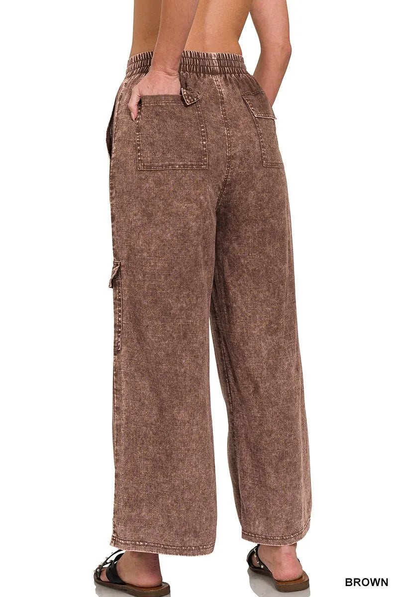 Zenana Washed Linen Elastic Band Waist Cargo Pants