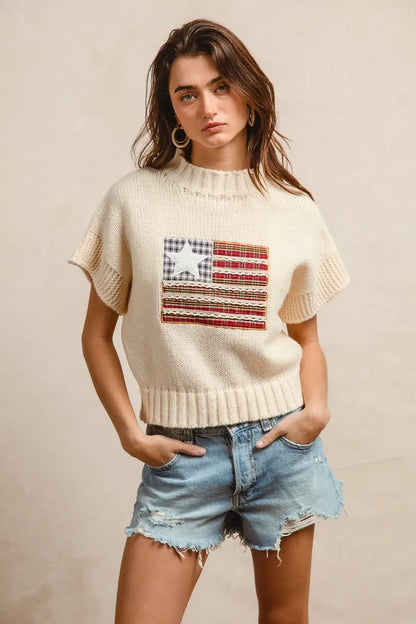 BiBi American Flag Patchwork Drop Shoulder Sweater