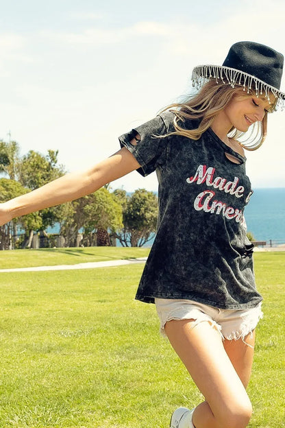 BiBi Laser Cut Mineral Washed America Print Top in Black
