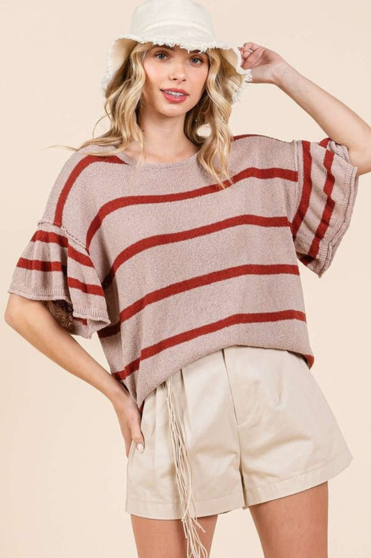 Mittoshop Striped Flounce Sleeve Knit Top