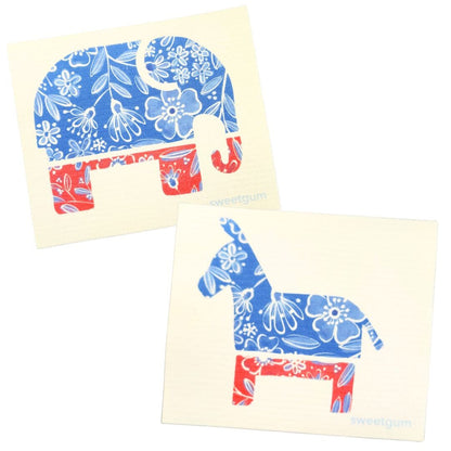 Bipartisan Donkey & Elephant Swedish Dishcloth Set |  Red, White & Blue