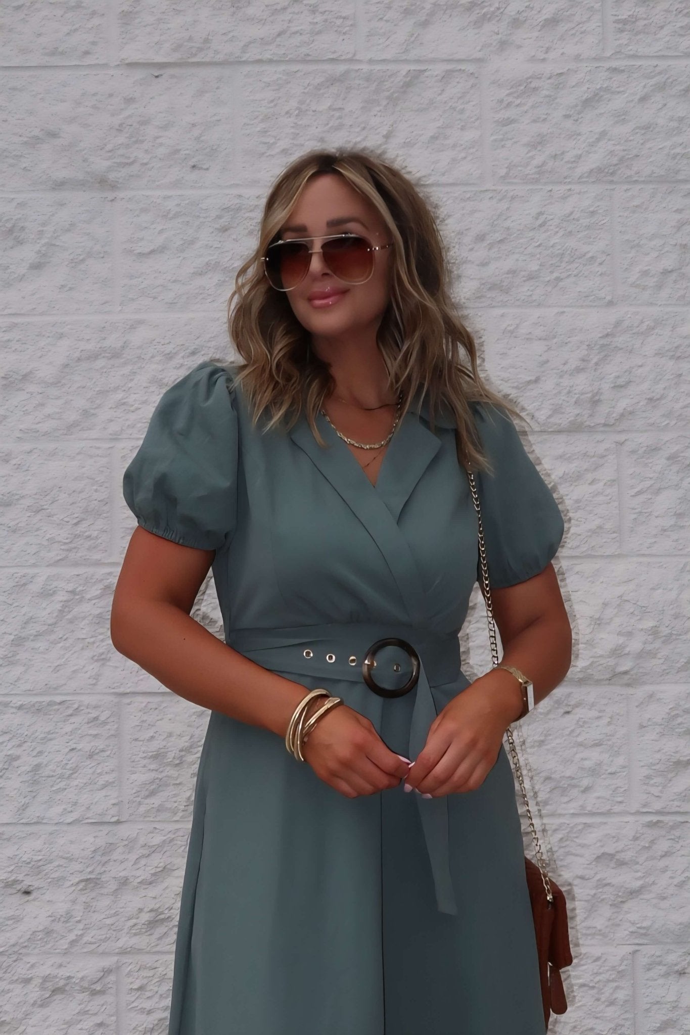 Breland Olive Belted Midi Dress