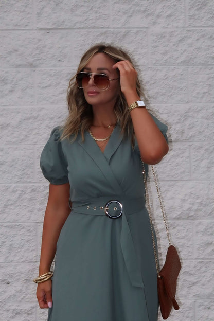 Breland Olive Belted Midi Dress