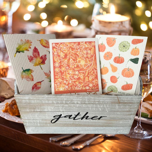 Bundle of 3 Swedish Dishcloths | Autumn Leaves, Orange Flowers, Pumpkins & Gourds