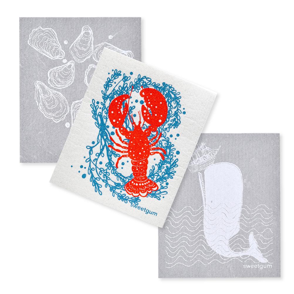 Bundle of 3 Swedish Dishcloths | Lobster, Oysters & Whale