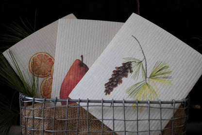 Hostess set of 3 | Pears, Tangerine, and Pinecone (Botanical artist Cara Cummings)